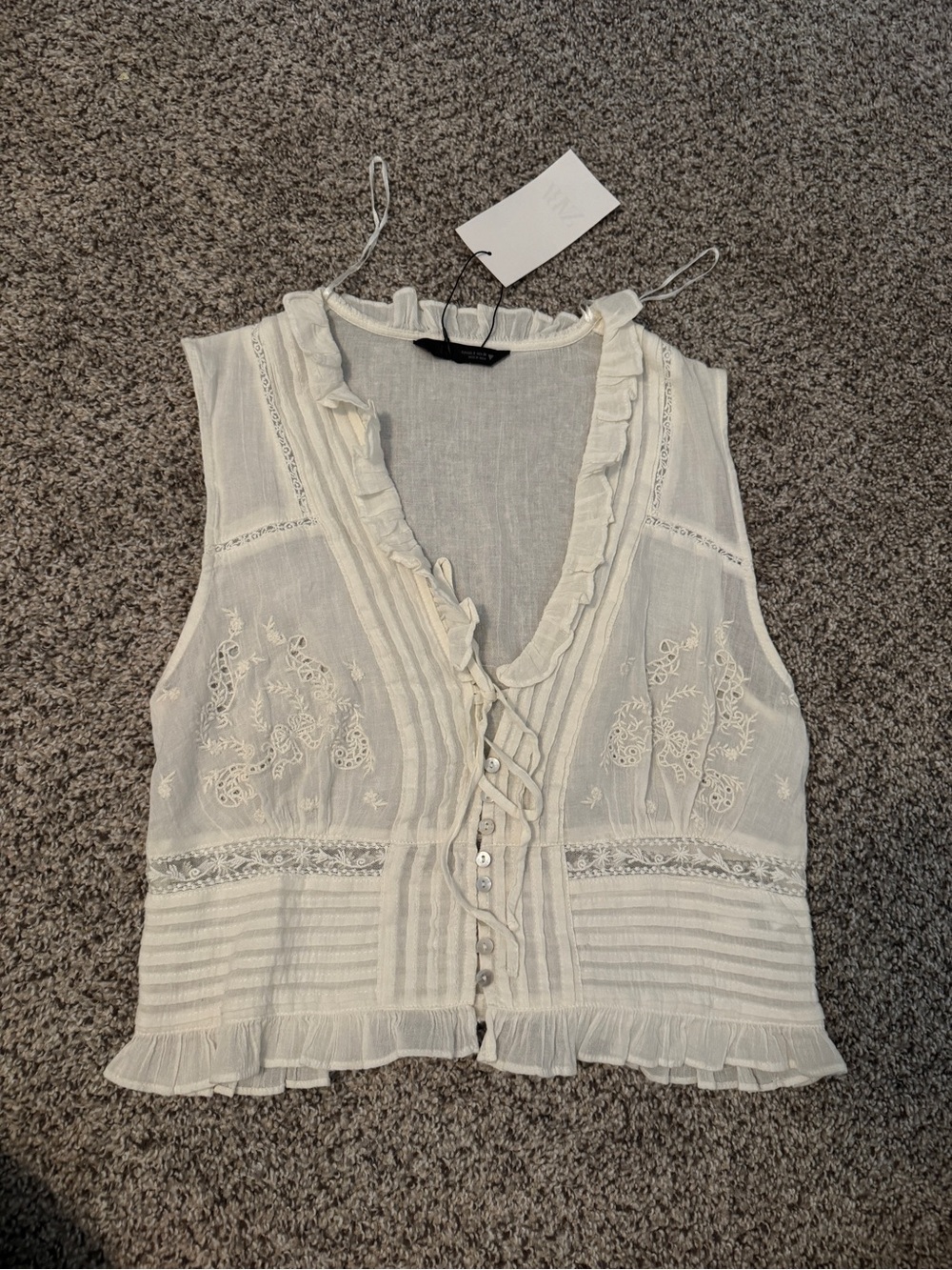 Zara Cream Embroidered Ruffle Sleeveless Top